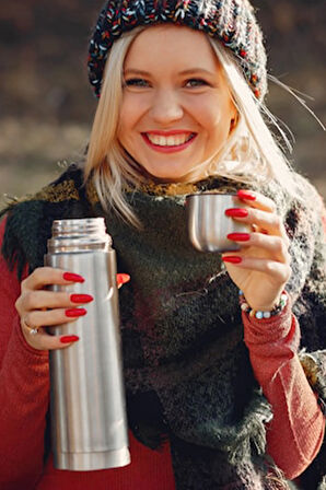 500 ml Kapak Bardaklı Deri Çantalı Gri Paslanmaz Çelik Termos