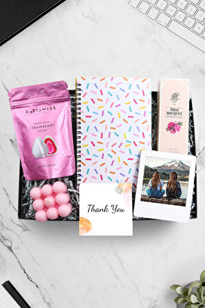 Konfeti Defter & Draje & Pembe Bubble Mum & Kolonya & Beyaz Çerçeve Hediye Seti