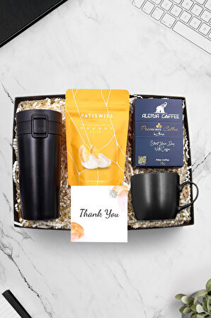 Kilitli Siyah Çelik Termos & Patiswiss Dilimi & Alerya Premium Filtre Kahve & Siyah Kupa Hediye Seti