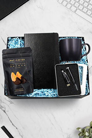Siyah Defter & Patiswiss Çikolata Kaplı Portakal Dilimi & 32 gb Usb Kalem & Siyah Kupa Hediye Seti