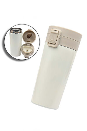 350 ML Kilitli Beyaz Çelik Termos & Yapraklı Detaylı Kahverengi Fular & Beyaz Çerçeve Hediye Seti