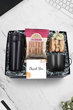 Kilitli Siyah Termos & Siyah Kupa & Tafe Bademli Kurabiye & Colombia Filtre Kahve Hediye Seti