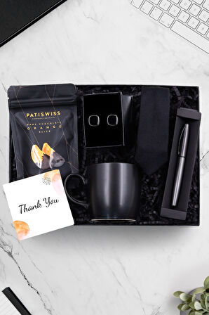 Gri Roller Kalem & Siyah Kupa & Siyah Kravat & Kol Düğmesi & Patiswiss Çikolata Portakal Hediye Seti