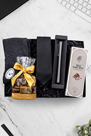 Gri Roller Kalem & Siyah Kravat & Godiva Çikolata & Siyah Erkek Çorap & Rebul Kolonya Hediye Seti