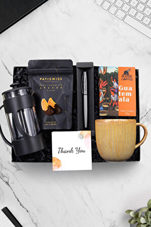 Gri Kalem & Turuncu Kupa & Siyah French Press & Patiswiss Dilimi & Alerya Filtre Kahve Hediye Seti