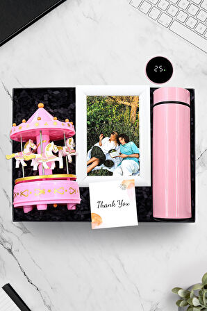 Dereceli Pembe Çelik Termos & Beyaz Ahşap Çerçeve & Pembe Atlı Karınca Müzik Kutusu Hediye Seti