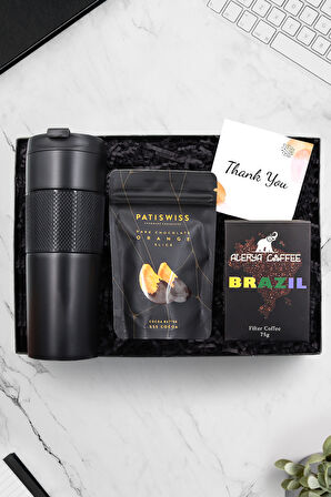 French Press Çelik Termos & Patiswiss Çikolata Kaplı Portakal & Alerya Filtre Kahve Hediye Seti
