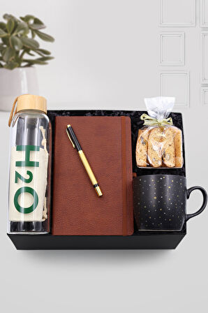 Gold Kalem & Cam Matara & Tafe Kurabiye & Yıldızlı Kupa & Kahverengi Defter Seti