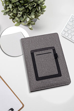 Telefon Cepli Gri Defter & Kulplu Siyah Çelik Termos & Telefon Tutuculu Tükenmez Kalem Hediye Seti