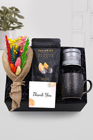 Çiçek Buketi & Patiswiss Çikolata Kaplı Portakal & Siyah Çay & Yıldızlı Kupa Hediye Seti