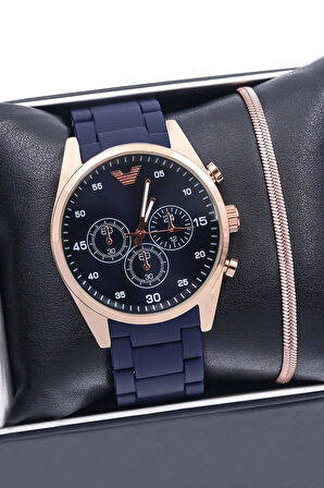 Silikon Kordon Erkek Kol Saati & Rose Renk Çelik İtalyan Bileklik Hediye Seti