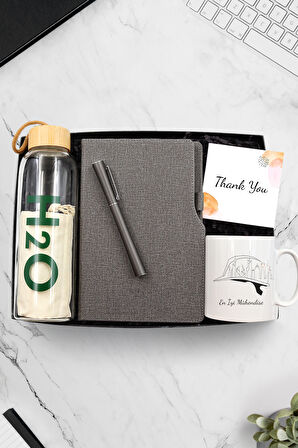 Gri Defter & Bambu Cam Matara & Gri Roller Kalem & Mühendislere Özel Baskılı Kupa Hediye Seti