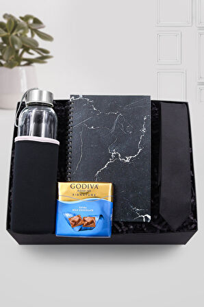 Mermer Desenli Defter & Siyah Kravat & Özel Kılıflı 500Ml Su Matarası & Godiva Çikolata Hediye Seti