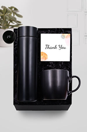 500 ML Siyah Dereceli Termos & Siyah Kupa Seti