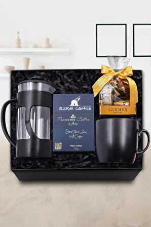 French Press & Siyah Mat Kupa & Alerya Premium Filtre Kahve & Godiva Napoliten Çikolata Hediye Seti