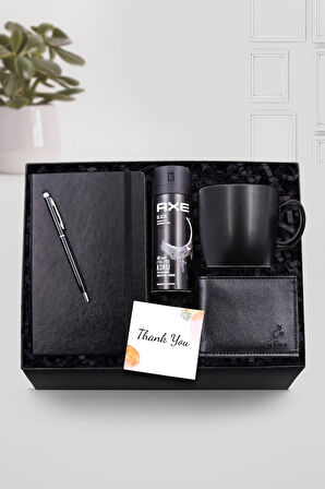 Siyah Defter & Siyah Touch Pen & Siyah Erkek Cüzdanı & Siyah Mat Kupa & Erkek Deodorant Hediye Seti