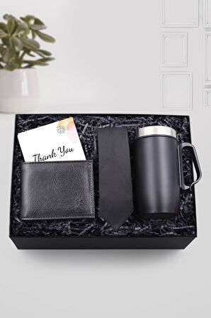 Kulplu 280ml Siyah Çelik Termos & Siyah Erkek Cüzdanı & Siyah Kravat Hediye Seti