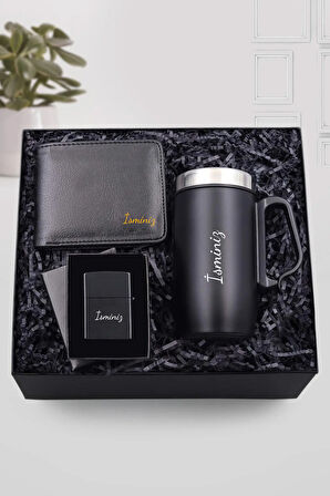 Kulplu 280ml Siyah Çelik Termos & Siyah Erkek Cüzdan & Siyah Zippo Tarzı Çakmak Hediye Seti