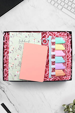 Mavi Çiçekli Defter & Pembe Dikişli Defter & 6'lı Dondurma Fosforlu Kalem Hediye Seti