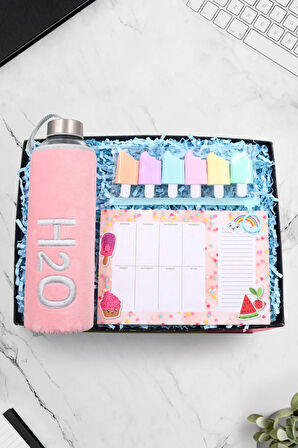 Peluş Kılıflı 600ml Pembe Renk Cam Matara & Dondurma Fosforlu Kalem & Haftalık Planner Hediye Seti