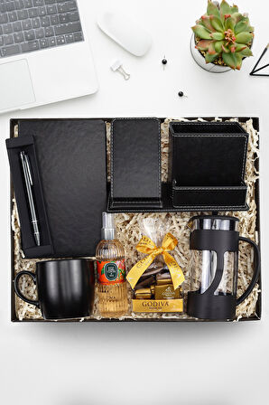 Siyah Defter & Kalemlik & Tükenmez Kalem & Kupa & French Press & Naps Çikolata & Kolonya Hediye Seti