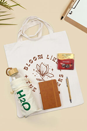 Kahverengi Defter & Gold Tükenmez Kalem & Godiva Çikolata & Bambu Cam Matara & Bez Çanta Hediye Seti