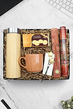 Bambu Termos & Kahverengi Kupa & Kurabiye & 2'li Doğum Günü Yıldız Mum & Çubuk Tütsü Hediye Seti