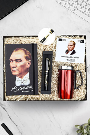 Kulplu 280 ML Kırmızı Termos & Atatürk Baskılı Defter & Atatürk İmza Kabartmalı Kalem Hediye Seti