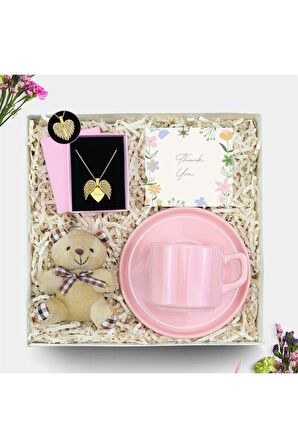 Kişiye Özel Melek Kanatlı Kolye & Pembe Fincan & Ayıcık Anahtarlık Hediye Seti
