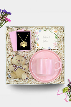 Melek Kanatlı Kolye & Pembe Fincan & Ayıcık Anahtarlık Hediye Seti