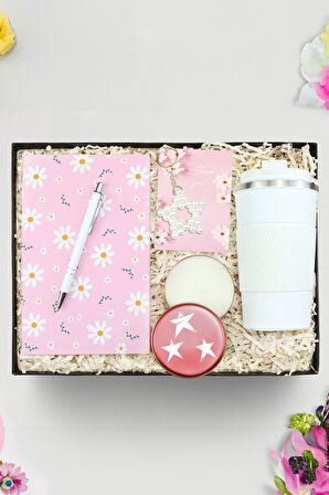 Papatya Baskılı Defter & Tükenmez Kalem & Kutulu Mum & Yıldız Anahtarlık & Çelik Termos Hediye Seti