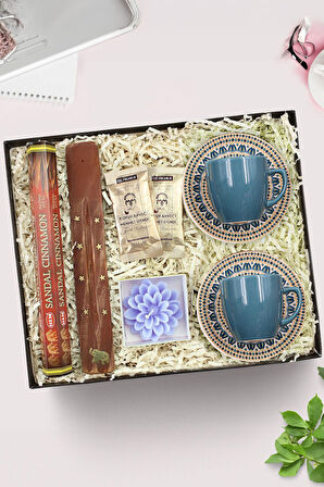 Çubuk Tütsü & Fincan & 2'li Tek Içimlik Mehmet Efendi Türk Kahvesi & Lotus Mum Hediye Seti