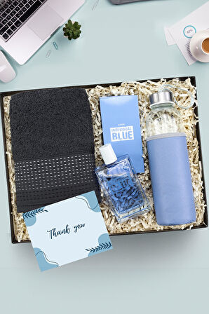 Deri Kılıflı Su Matarası & Individual Blue Erkek Parfüm & Siyah Havlu Erkeğe Hediye Seti