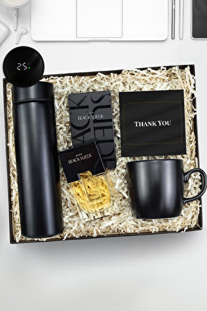 500 ML Siyah Dereceli Termos & Siyah Mat Kupa & Black Suede  Parfüm Erkeğe Hediye Seti