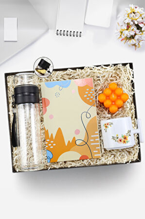 Turuncu Tasarım Defter & Borosilikat Cam Demlik Matara & T Kupa & Bubble Mum Hediye Seti