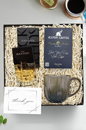 Black Suede Parfüm & Premium Filtre Kahve & Çizgili Porselen Kupa Hediye Seti
