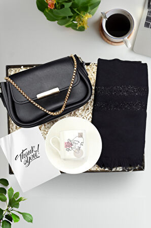 Fincan & Siyah Kadın Çanta & Simli Pembe Renk Şal Hediye Seti