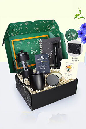 Desenli Defter & Siyah Tükenmez Kalem & Filtre Kahve & French Press & Siyah Kupa & Mum Hediye Seti