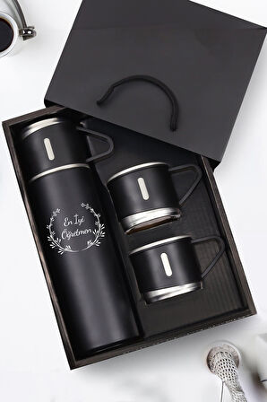 3 Bardaklı 580 ML Çelik Termos & Siyah Tükenmez Kalem & Defter & Kutulu Mum Hediye Seti