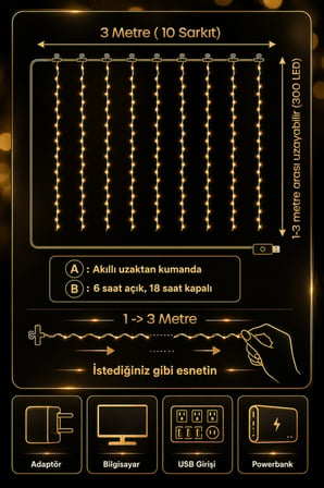 8 MOD Perde Ledi 300 LED 3x3m 10 Sarkıt Led Yılbaşı Oda Dekoru Kumandalı Peri Perde Led
