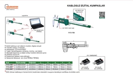 Insize 1113-150 Dijital Kumpas - Kablosuz Veri Aktarmalı Model (0-6"/0-150mm) 0.01mm/0.0005"