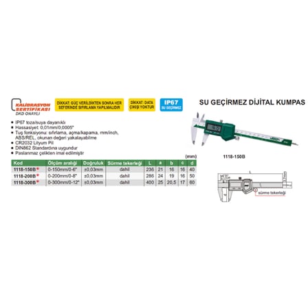 Insize 1118-200B Dijital Kumpas IP67 Korumalı (0-200mm/0-8" ) 0.01mm