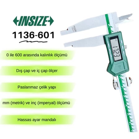 Insize 1136-601 Dijital Kumpas Çift Çeneli / İç Çap Ölçer, Çene:100mm (0-600mm/0-24") - 0.01mm
