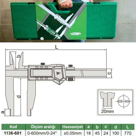Insize 1136-601 Dijital Kumpas Çift Çeneli / İç Çap Ölçer, Çene:100mm (0-600mm/0-24") - 0.01mm