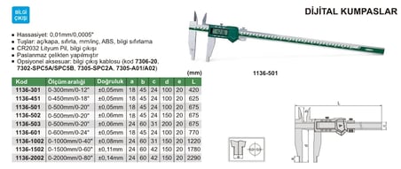 Insize 1136-1002 Dijital Kumpas Çift Çeneli / İç Çap Ölçer, Çene:150mm (0-1000mm/0-40") - 0.01mm