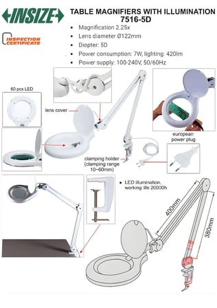 Insize 7516-5D Büyüteç, Masa Tipi (5D)