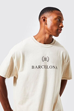 Unisex Bej Barcelona Baskılı Oversize Tshirt