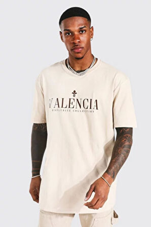 Erkek Bej Valencia Baskılı Oversize Tshirt