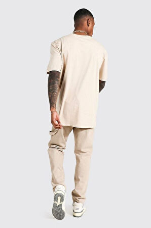 Erkek Bej Valencia Baskılı Oversize Tshirt