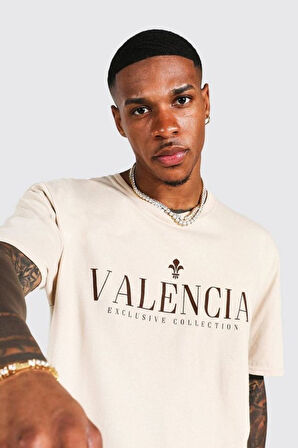 Erkek Bej Valencia Baskılı Oversize Tshirt